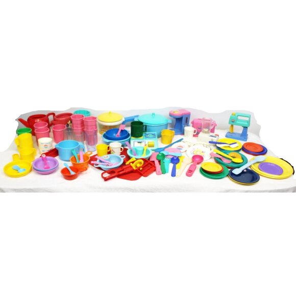 Vtg 1990s Play Dishes Fun with Food Pots Forks Blender Pans Measuring Cups Bowls - Picture 1 of 14